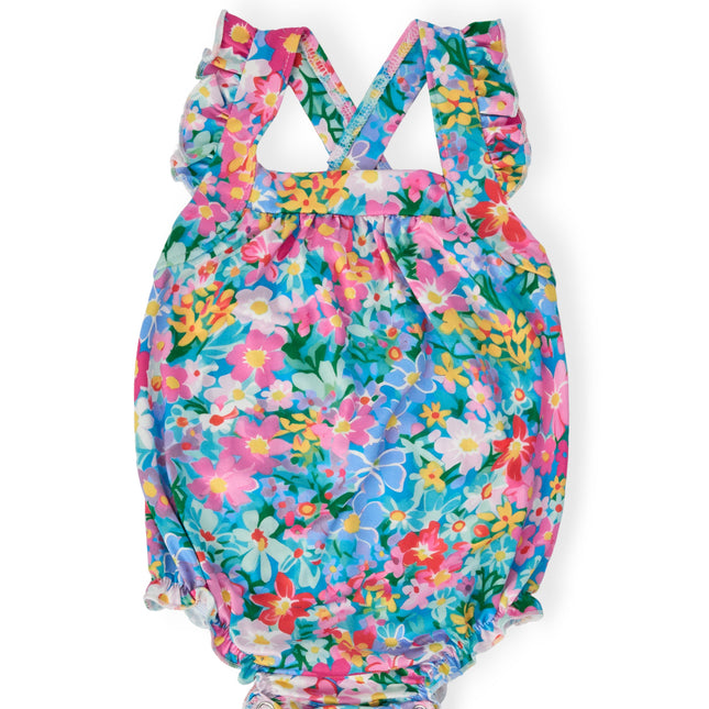 Preppy Floral Ruffle Cross Back Romper