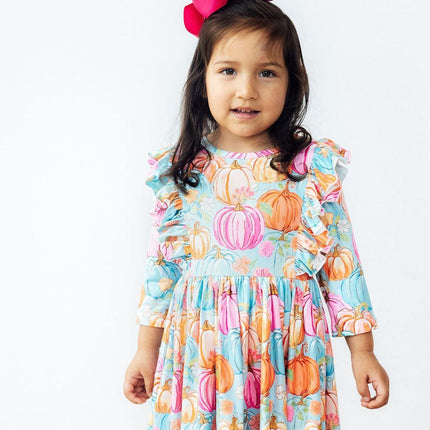 Preppy Pumpkins 3/4 Sleeve Ruffle Twirl Dress