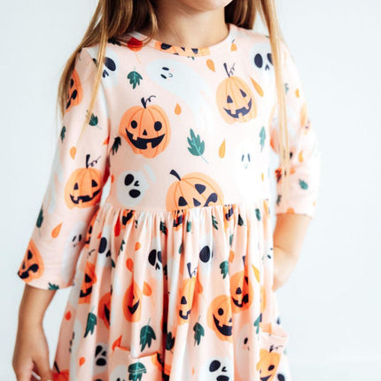 Pumpkin Peekaboo 3/4 Sleeve Pocket Twirl Dress