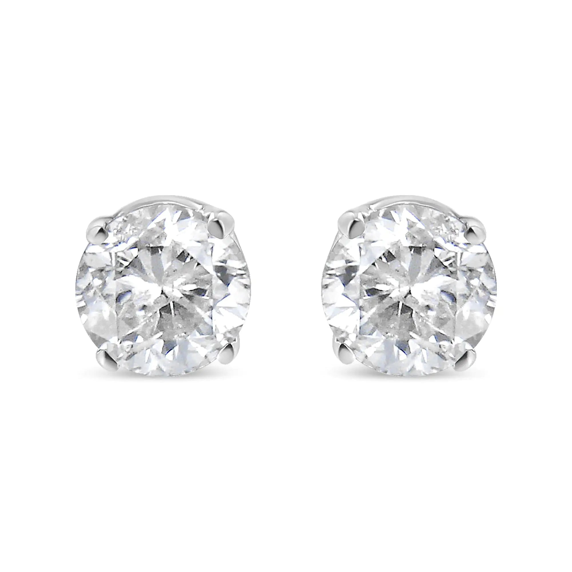 AGS Certified 14K White Gold 1.0 Cttw 4-Prong Set Brilliant Round-Cut Solitaire Diamond Push Back Stud Earrings (E-F Color, SI2-I1 Clarity)