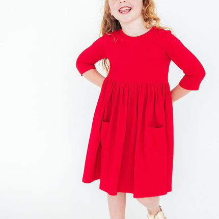 Red 3/4 Sleeve Pocket Twirl Dress