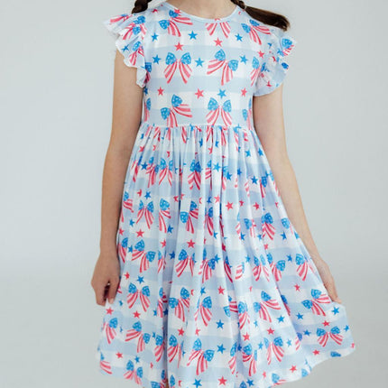 Red, White & Bows Flutter Sleeve Twirl Dress