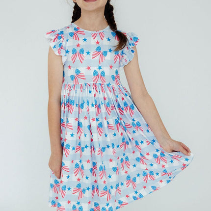 Red, White & Bows Flutter Sleeve Twirl Dress