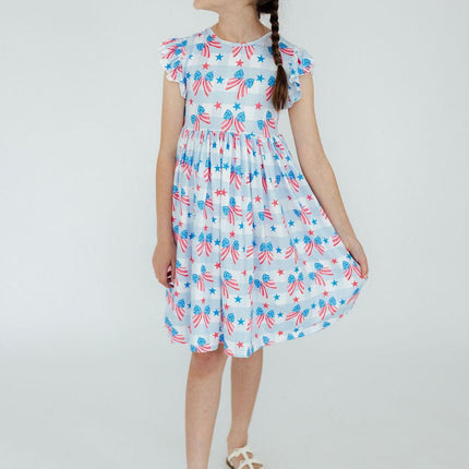 Red, White & Bows Flutter Sleeve Twirl Dress