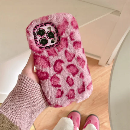 Fashion Leopard Furry Plush Lens Bracket Phone Case For iPhone