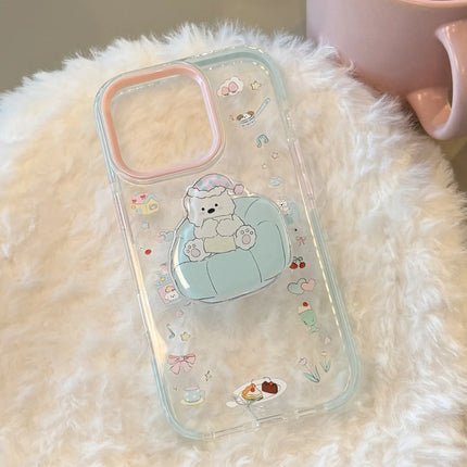 INS Dessert Clear Cartoon Sofa Puppy Bracket With Chain Phone Case For iPhone