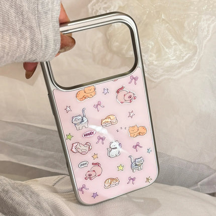 Korean Cartoon Kitten Silver Border Plating Phone Case For iPhone