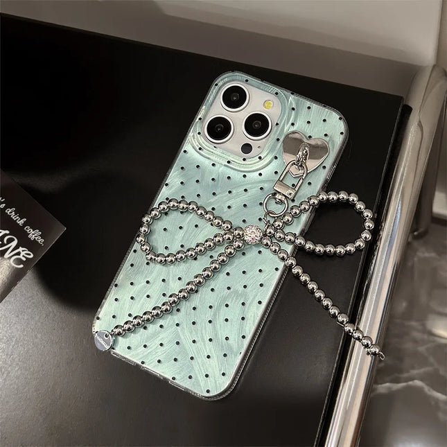 Y2K Green Polka Dot Beaded Bracelet Phone Case For iPhone