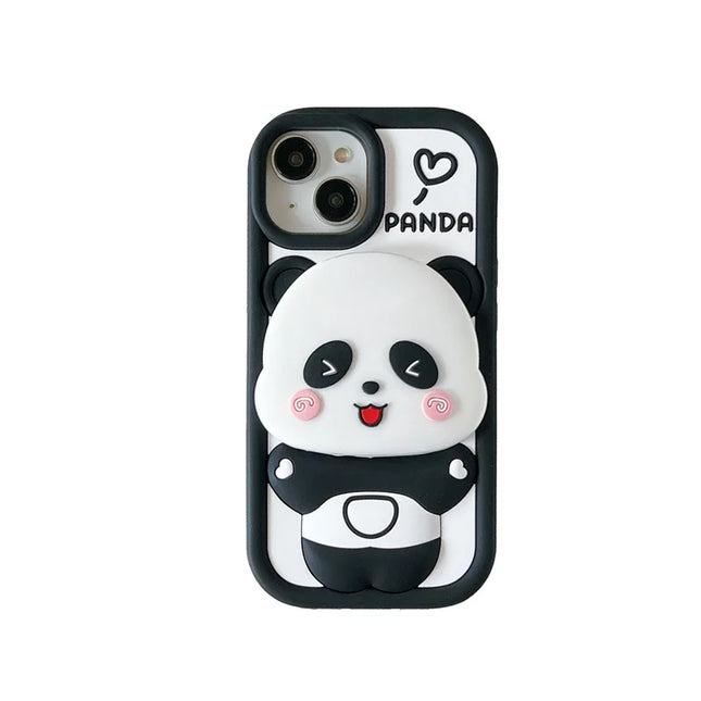 ins Cute Cartoon Panda Flip Mirror Bracket Soft Silicone Phone Case For iPhone