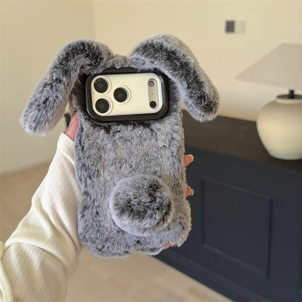 3D Cartoon Solid Colors Rabbit Furry Plush Phone Case For iPhone