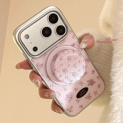 Korean Full Screen Flowers Silver Edge Plating Magnetic Bracket Phone Case For iPhone