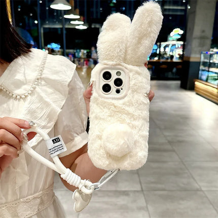 3D Cute Cartoon Rabbit Ears Warm Furry Plush Bunny Phone Case With Lanyard For iPhone