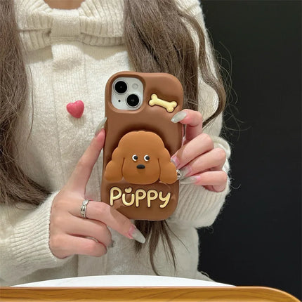 Cute Cartoon Teddy Puppy Silicone Telescopic Bracket Phone Case For iPhone