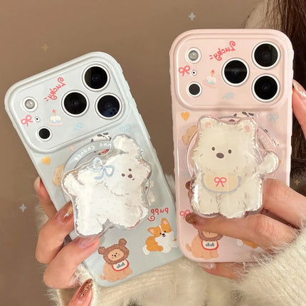 Korean Cute Cartoon Puppy Magnetic Stand Holder Phone Case For iPhone