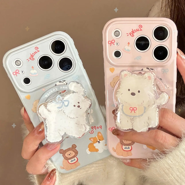 Korean Cute Cartoon Puppy Magnetic Stand Holder Phone Case For iPhone