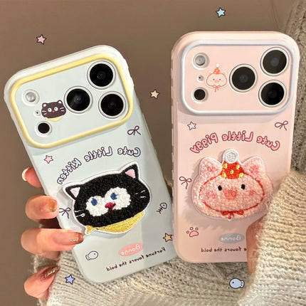 Korean Cartoon Embroidery Cat Pig Animals Plush Couple Phone Case For iPhone