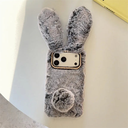 3D Cute Rabbit Ears Warm Furry Plush Bunny Phone Case For iPhone