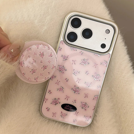 Korean Full Screen Flowers Silver Edge Plating Magnetic Bracket Phone Case For iPhone