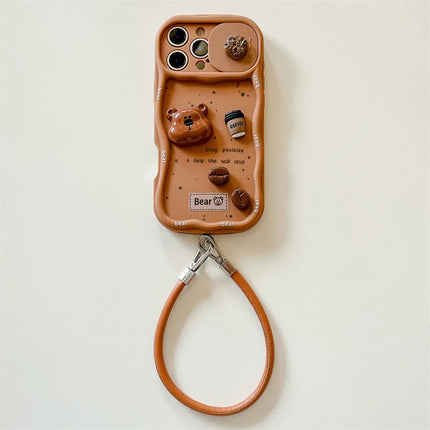 3D Coffee Cartoon Bear Phone Case With Wrist Strap For iPhone
