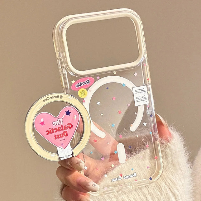 Korean Colorful Stars With Love Heart Bracket Magnetic Phone Case For iPhone