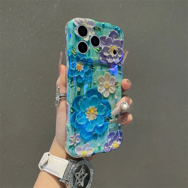 Luxury Blue Light Oil Painting Flowers Wavy Phone Case For iPhone