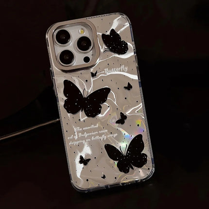 Luxury Black Butterfly Water Ripple Phone Case With Lanyard For iPhone