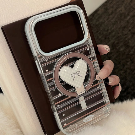Korean Striped Stars Fold Love Heart Bow Bracket Magnetic Phone Case For iPhone