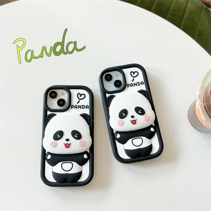 ins Cute Cartoon Panda Flip Mirror Bracket Soft Silicone Phone Case For iPhone