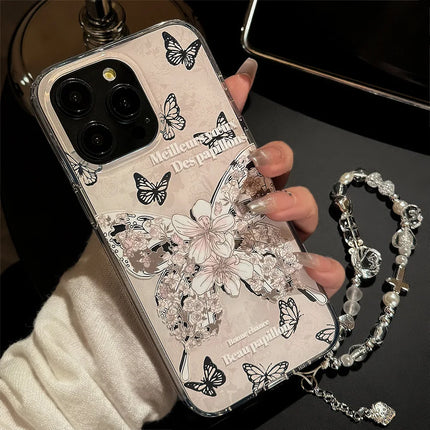 Korean Flowers Butterfly Dual Layer Phone Case With Bracelet Chain For iPhone