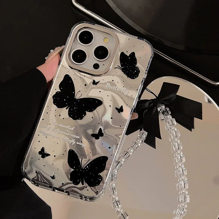Luxury Black Butterfly Water Ripple Phone Case With Lanyard For iPhone