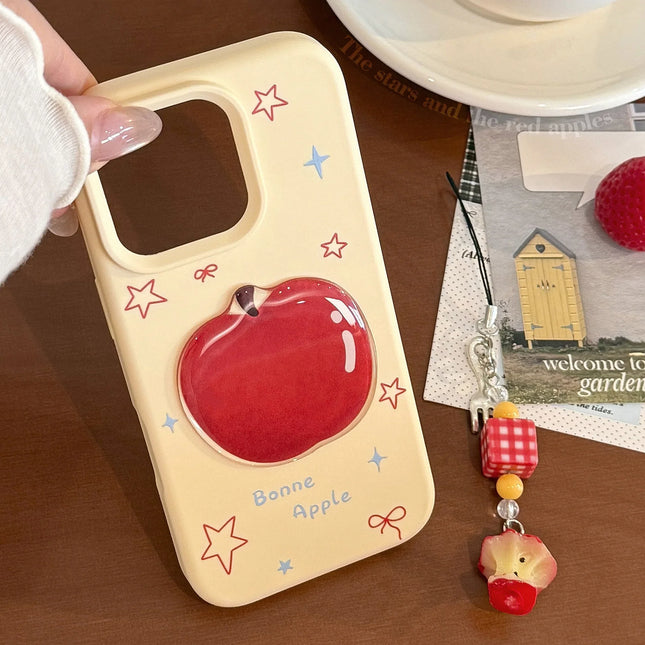 Korean 3D Cartoon Red Apple With Fork Apple Core Pendant Soft Phone Case For iPhone