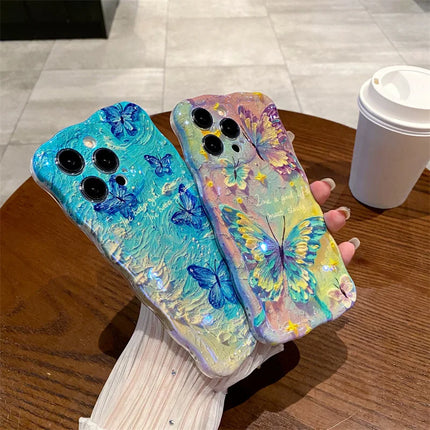 Luxury Retro Oil Painting Butterfly Wavy Border Phone Case For iPhone