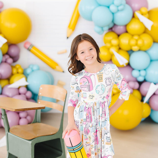 School is Cool 3/4 Sleeve Pocket Twirl Dress