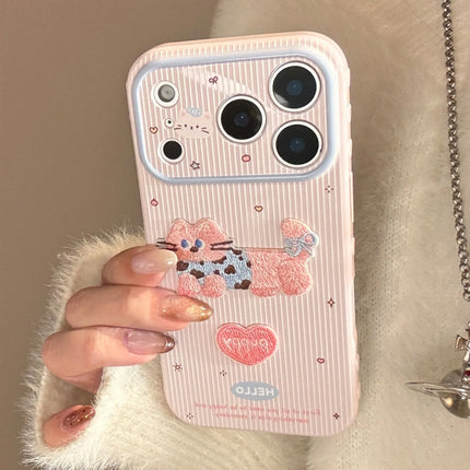 Korean Cartoon Embroidery Kitten Striped Couple Phone Case For iPhone