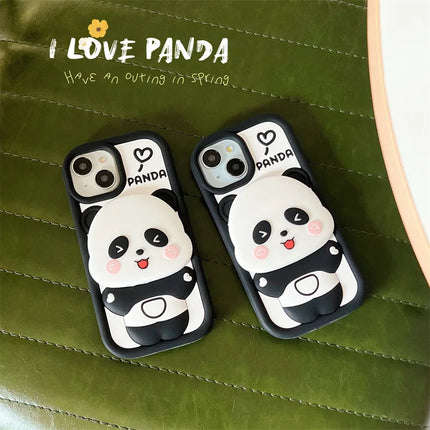 ins Cute Cartoon Panda Flip Mirror Bracket Soft Silicone Phone Case For iPhone