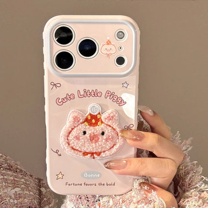 Korean Cartoon Embroidery Cat Pig Animals Plush Couple Phone Case For iPhone