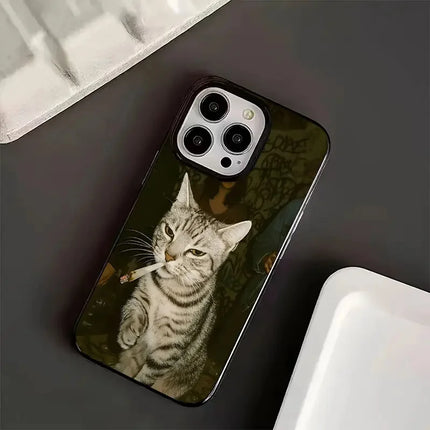 Stylish Cat Smoking Pattern Black Phone Case For iPhone