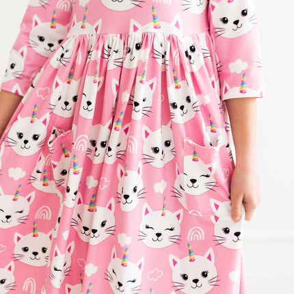 Unicorn Kitties 3/4 Sleeve Pocket Twirl Dress