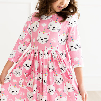 Unicorn Kitties 3/4 Sleeve Pocket Twirl Dress