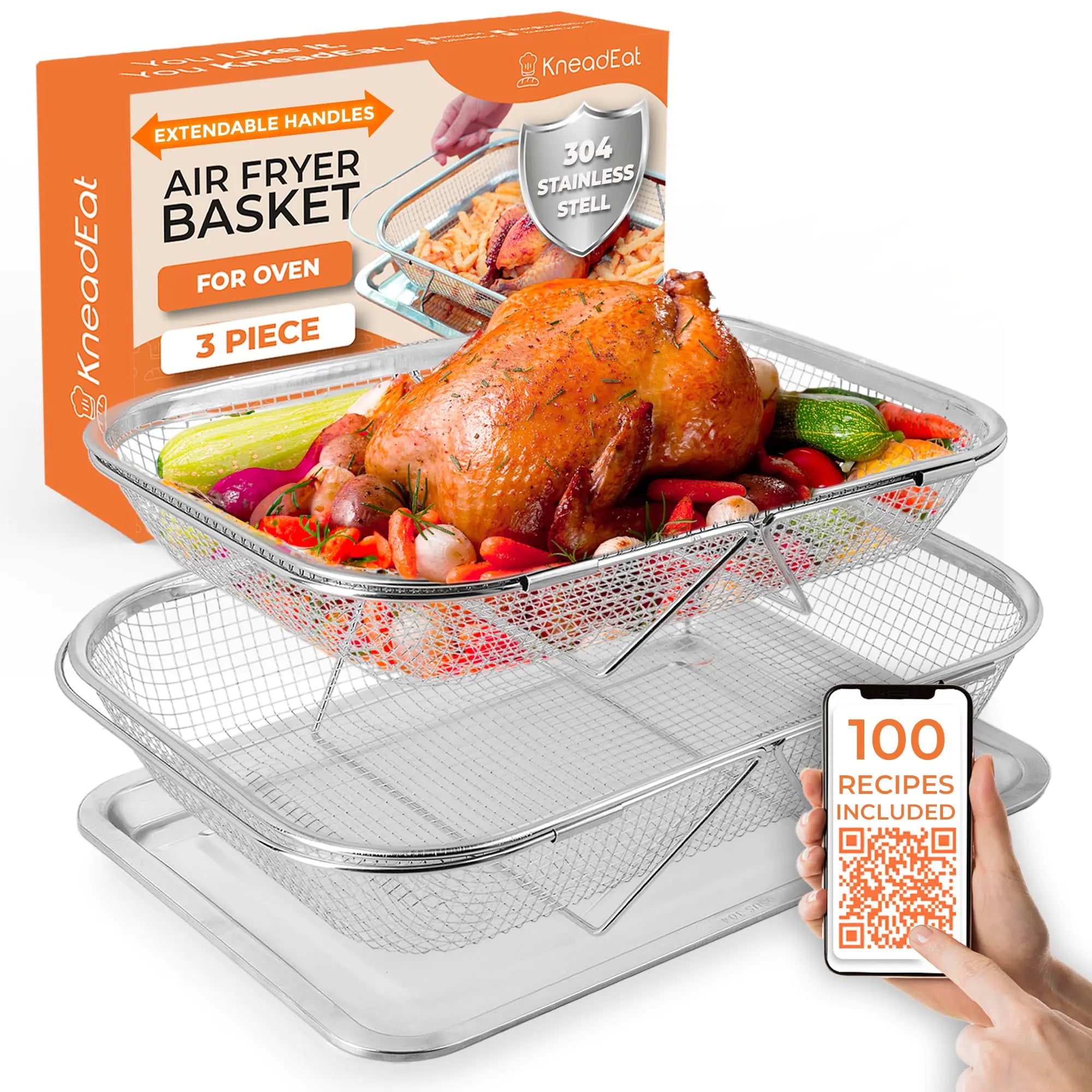 Air Fryer Basket for Oven Set (3-Piece). Extendable Handles. 304 Stainless Steel. 1 Large Basket 1 Medium Basket. 1 Tray. Perfect For Oven Cook Colander and Fruit and Veggie Basket. Dishwasher Safe.