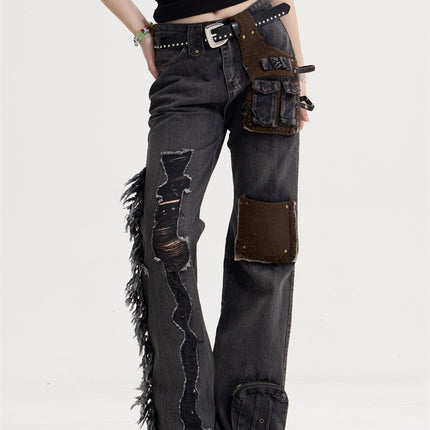 Women's American-style Retro Tassel Patch Stitching Jeans