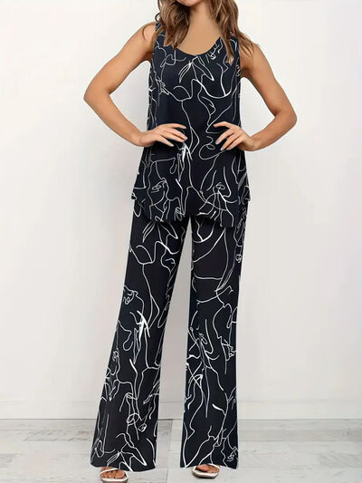 Abstract Print Round Neck Tank and Pants Set