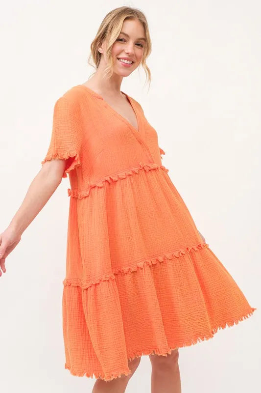 And The Why Washed Frayed Detail Tiered Dress
