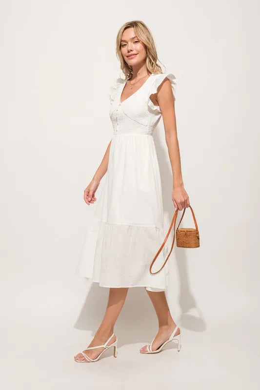 And The Why Ruffle Sleeve Front Smocked Tiered Midi Dress