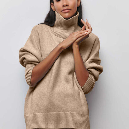 Vibrant Pink Oversized Turtleneck Knit Sweater | Women's Fuchsia High-Neck Party Pullover