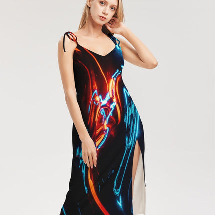ELECTRICLY BLUE AND RED DESIGN BY FLIPSTYLEZ Women's All-Over Print Tie Strap Split Dress