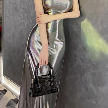 Metallic Bright Suspender Dress Women's Summer Fat Hot Girl Sexy Dress Long Skirt
