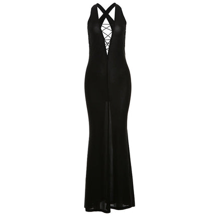 European And American Fashion Solid Color Deep V-neck Backless Sexy Hot Girl High Waist Hip Bag Dress