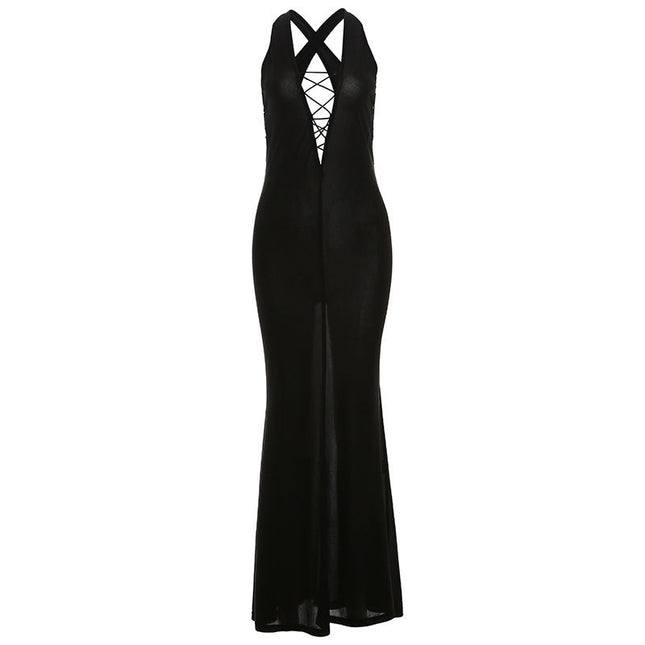 European And American Fashion Solid Color Deep V-neck Backless Sexy Hot Girl High Waist Hip Bag Dress