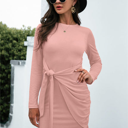 Hot New Product Long Sleeve Round Neck Tie Solid Color Dress